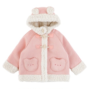 幼悠女童2025冬季新款小粉熊麂皮绒连帽外套厚实保暖儿童可爱冬装