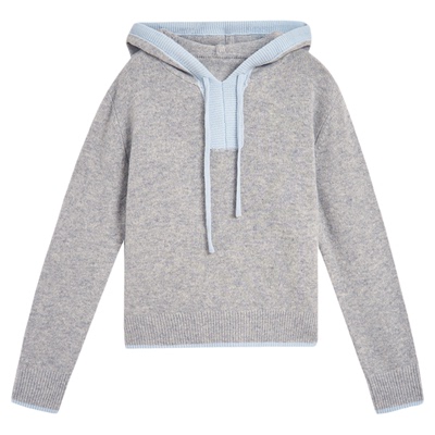 紫涵100%绵羊毛套头毛衣女2025年冬季新款撞色连帽宽松灰色针织衫