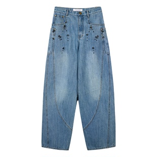 NancyCavally专柜款重磅水洗环保牛仔 纯手工钉钻工艺弯刀牛仔裤