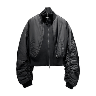 ANNAKIKI短外套 设计师款女装小众 黑色拼接收腰机能风短外套秋冬