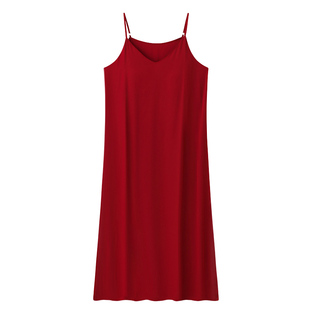 浪莎红色吊带睡裙女夏季带胸垫仿真丝绸缎面性感冰丝本命年睡衣裙