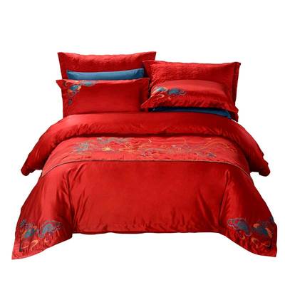 富安娜长绒棉双面婚庆四六件套红色纯棉结婚床上用品新婚陪嫁套装