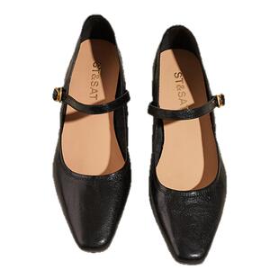 星期六法式黑色高跟鞋女款春夏新款粗跟浅口单鞋羊皮玛丽珍小皮鞋