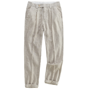 汉絮复古老钱风色织亚麻休闲裤男士春夏季单褶宽松直筒纯麻料长裤