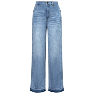 FF仿佛牛仔裤2025夏新款高腰女浅蓝色宽松显瘦烫钻拆边洗直筒裤