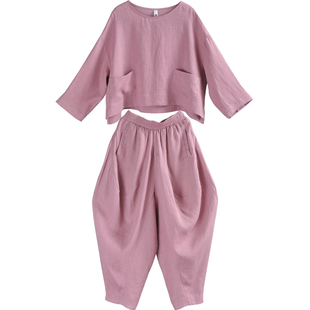 易见2024春夏季新款时尚宽松亚麻上衣+休闲阔腿裤灯笼裤两件套装