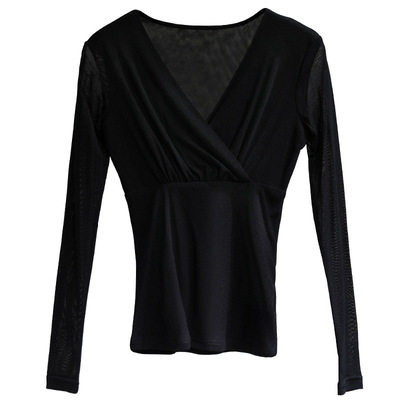 别致交叉v领薄款网纱t恤女秋长袖