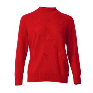 贝特如中老年女装红色喜庆妈妈装半高领毛衣保暖舒适针织衫ES