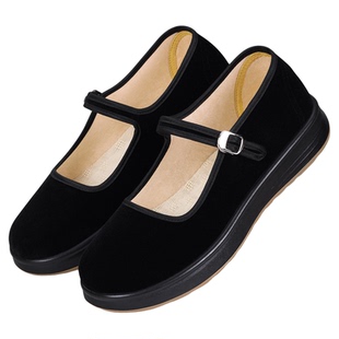 老北京布鞋女黑色一字带扣平底防滑软底软面妈妈鞋单鞋舒适工作鞋