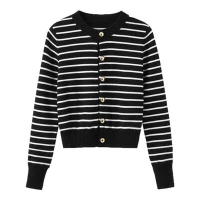 迪丽热巴同款黑白条纹针织衫开衫女秋季小香风修身毛衣外套上衣冬