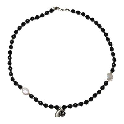 黑色沙滩玉石黑玛瑙海螺吊坠项链