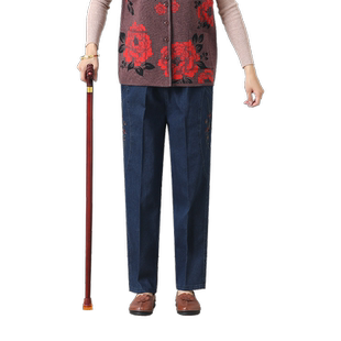 春秋款老年人牛仔裤女宽松奶奶装高腰休闲裤老太太松紧腰直筒长裤