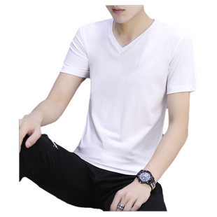 2件】男士短袖t恤V领体恤纯棉修身夏季纯色打底衫半袖白衣服长袖