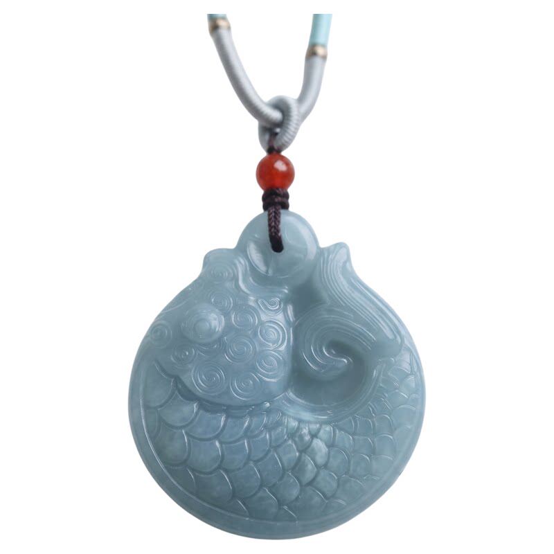 天然油青翡翠金钱鱼吊坠连年有余
