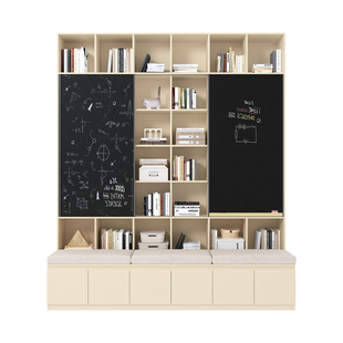 政补实木客厅满墙卡座书柜一体推拉式带黑板墙落地书架储物展示柜