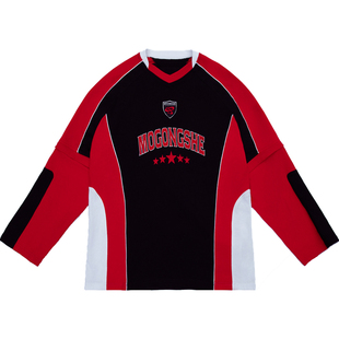 MOGONGSHE*美式复古重工机车拼接印花长袖可拆卸T恤宽松休闲上衣