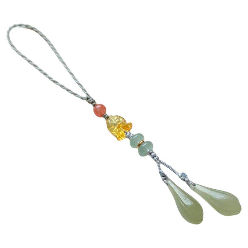 天然和田玉兰花手机链挂件南红蜜蜡鱼旗袍压襟玉石钥匙扣包挂饰品