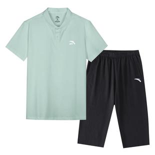 安踏女款运动套装官方正品两件套夏季新款时尚潮流翻领短袖七分裤