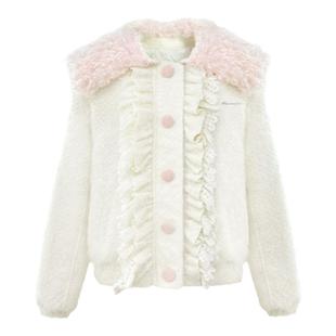 Narrator原创设计粉白毛毛针织蕾丝花边棒球服棉服外套上衣夹克冬