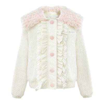 Narrator原创设计粉白毛毛针织蕾丝花边棒球服棉服外套上衣夹克冬