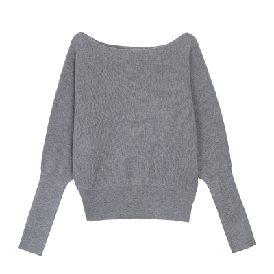 pusumede 柔光映肩 一字领蝙蝠袖针织衫女收腰斜露肩气质感上衣