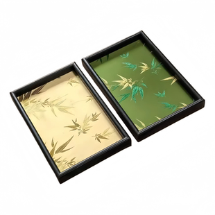 中式竹叶光影托盘客厅桌面杂物收纳木质置物盘复古高级感文玩茶盘