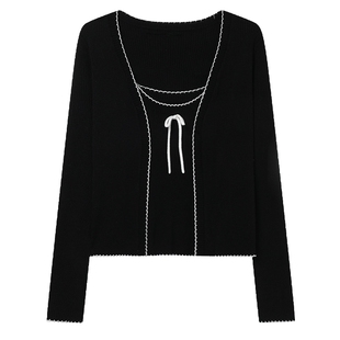 白鹿语时尚吊带加开衫两件套秋新款优雅撞色蝴蝶结时尚套装女