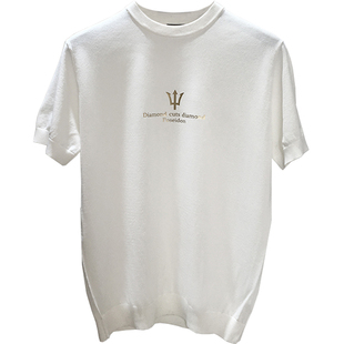 男士夏季冰丝三叉戟印花白色短袖T恤时尚简约半袖针织衫上衣薄款