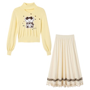 织物猪 奶油挞挞 甜美风奶黄半高领毛衣女秋冬可爱保暖针织衫上衣