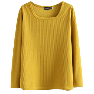 大码白色长袖T恤女韩版宽松方领坑条内搭显瘦纯色短袖上衣新款春