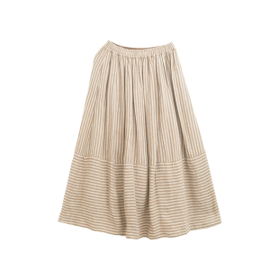 忘城N548座/城市观察者/早秋新款文艺范14支色织亚麻条纹半身裙女