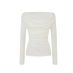 ByYou 春季白色蕾丝花边荡领一字肩羊毛针织衫女内搭打底露肩上衣