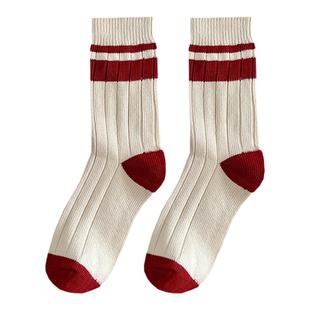春秋新款米白条纹袜子粗线针织堆堆袜纯棉日系外穿红色中长筒女袜