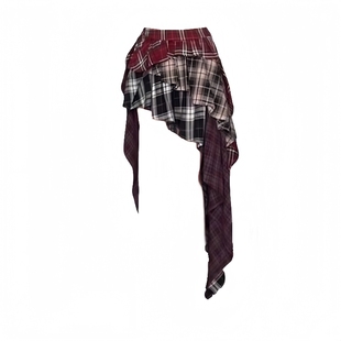 美式街头设计感小众拼接格子半身裙子女夏季不规则撞色中长裙ins