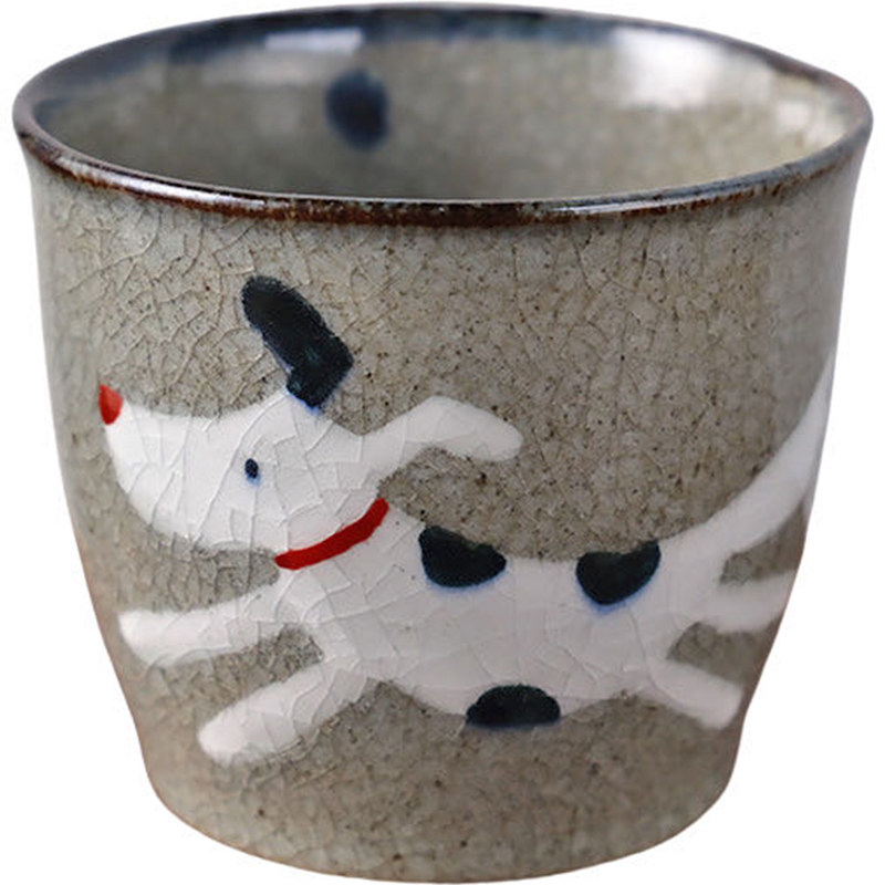 日本进口翔芳窑手绘冰裂釉小狗杯斗笠碗茶碗手握杯陶瓷饭碗马克杯