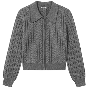 热风女士毛衣开衫针织衫2025年冬季新款老钱风绞花翻领拉链打底衫