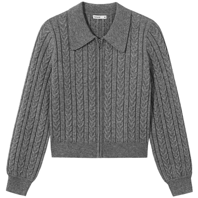 冬季新款女士绞花翻领针织开衫