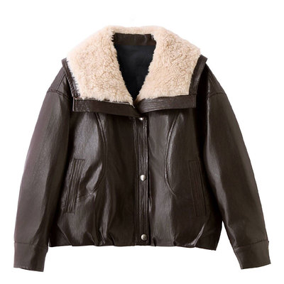 大翻领PU皮面羽绒服女冬季短款