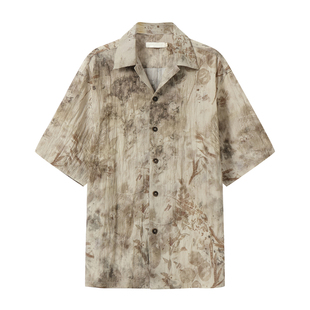 半片花瓣 植物草木染风微皱肌理衬衫 复古文艺印花休闲宽松短袖