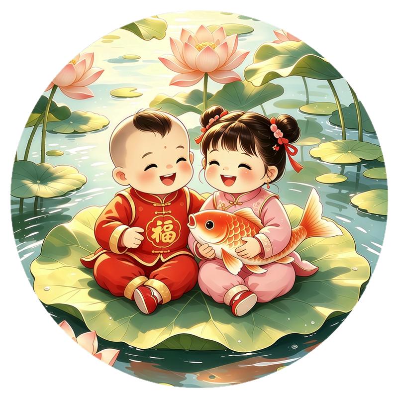 福娃双鱼墙贴背胶自粘遮瑕可移除画阖家清净平安好撕可留胶贴纸画