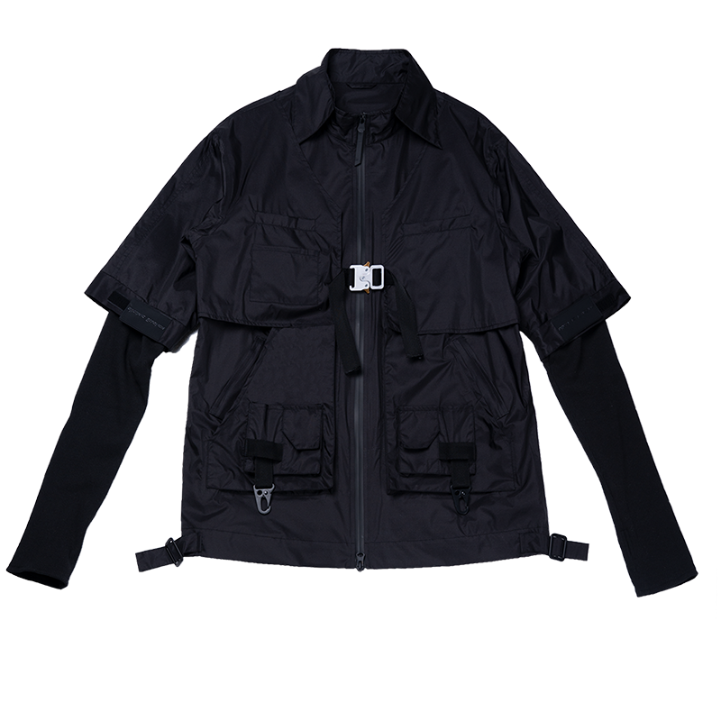 Organic Emotion黑色夹克机能双层拼接袖战术外套 OE原始情绪