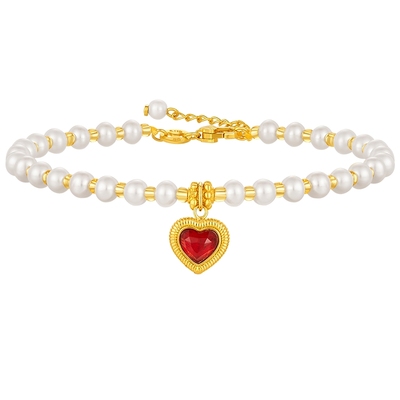 潮宏基IN+小心意黄金珍珠手链足金5G宝石珐琅爱心高级感生日礼物