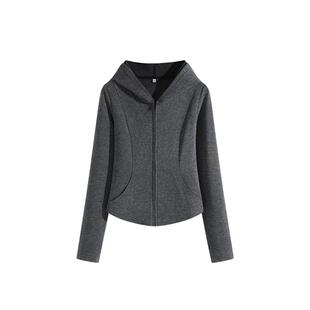 班尼路短款修身外套女秋2025新款仿羊绒开衫小个子连帽拉链上衣Q