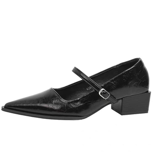 法式气质黑色尖头单鞋女2026新款一字扣复古粗跟浅口玛丽珍小皮鞋