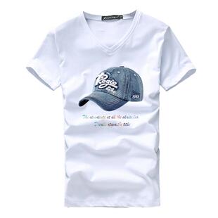 纯棉】短袖t恤男潮流夏季上衣服韩版修身青年v领印花体恤衫男装潮