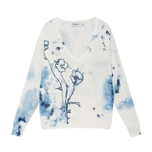 Desigual手绘花卉印花V领长袖宽松针织衫毛衣