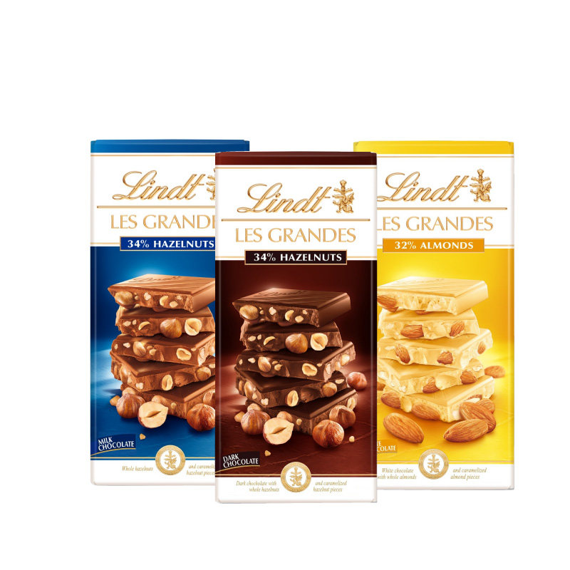Lindt瑞士莲原粒榛子牛奶巧克力/杏仁白巧/35%可可黑巧克力150G