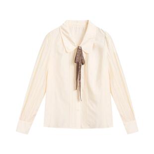 紫涵V领风琴褶衬衫女秋季新款文艺复古百搭宽松时尚休闲长袖衬衣