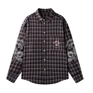 【敦煌联名】BJHG不计后果复古格子衬衫外套男款宽松休闲刺绣衬衣