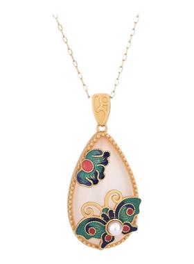 中国风旗袍汉服配饰 铜镀24K金镶嵌仿和田玉挂坠珐琅彩景泰蓝项链